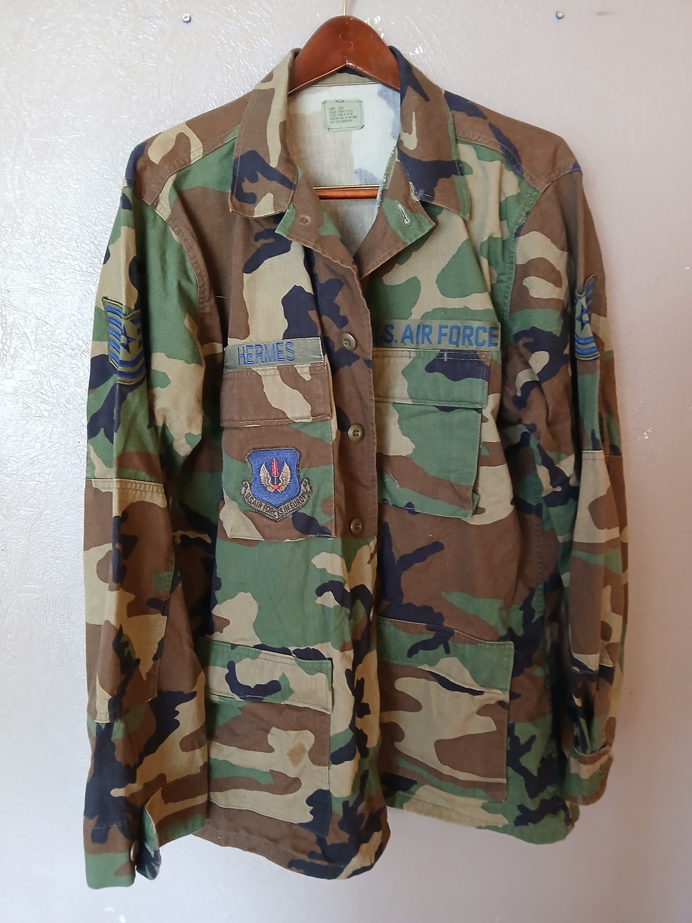 Vintage U.S. Air Force woodland camouflage BDU field shirt